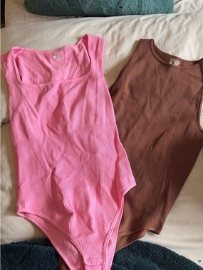 OQQ Women’s Pink Ribbed Bodysuit & Brown Ribbed Bodysuit Bundle